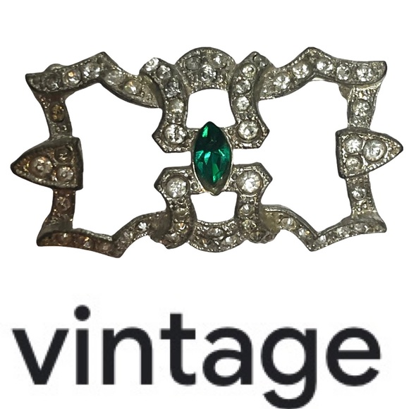 1930’s Art Deco Vintage Rhinestone and Faux Emerald Brooch - Picture 3 of 10